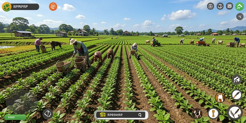 Tampilan gameplay RPRPRP dengan ladang hijau subur.