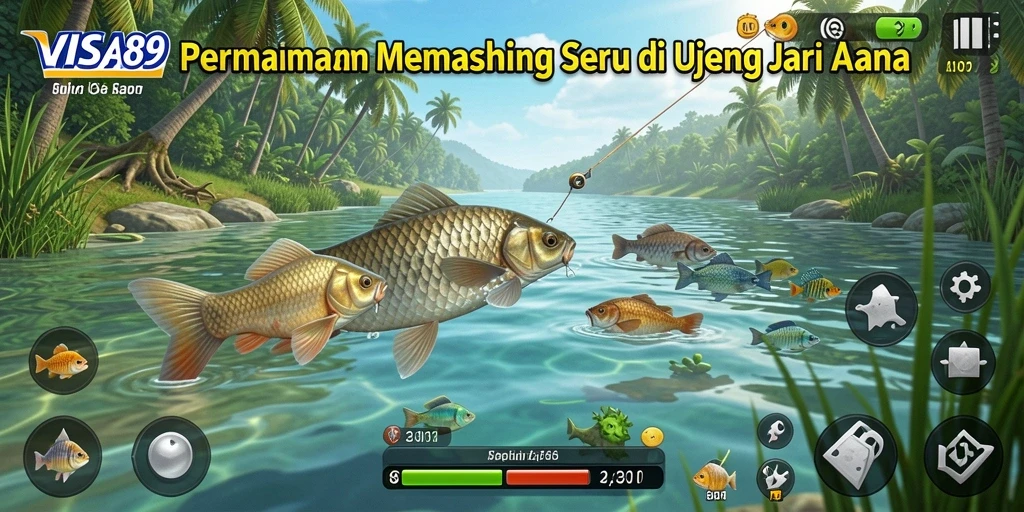 Screenshot utama VISA89 menunjukkan pemain menangkap ikan besar di laut.